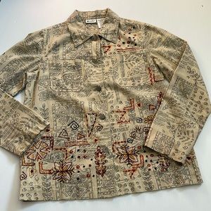 Units khaki, light weight jacket. Gray design & multi colored embroidery. Size M